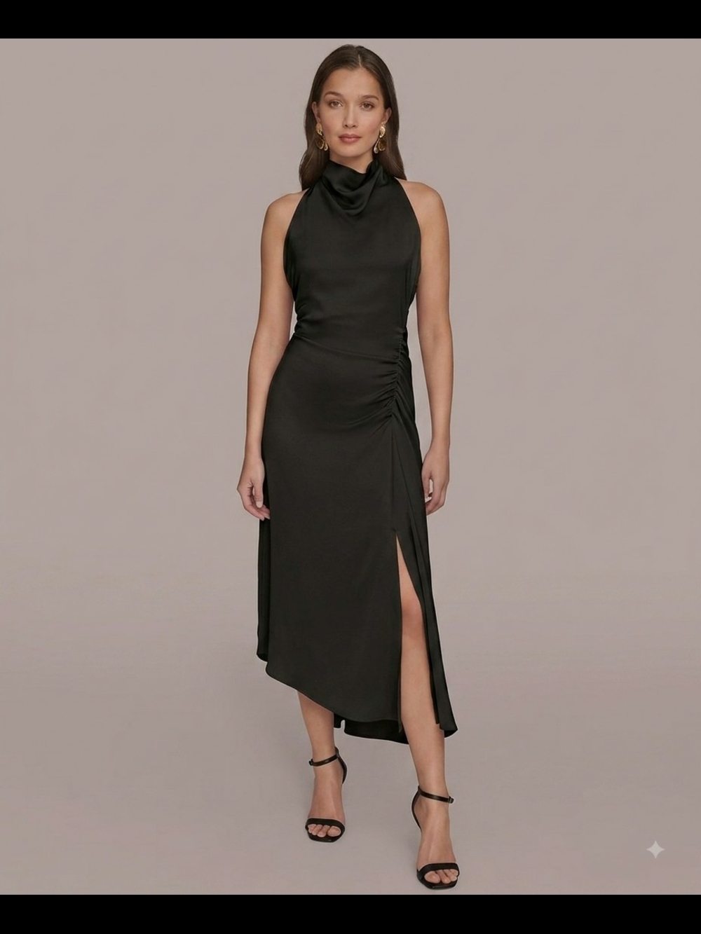 Donna Karan Black Cowl Halter High-Low Dress with Side Slit